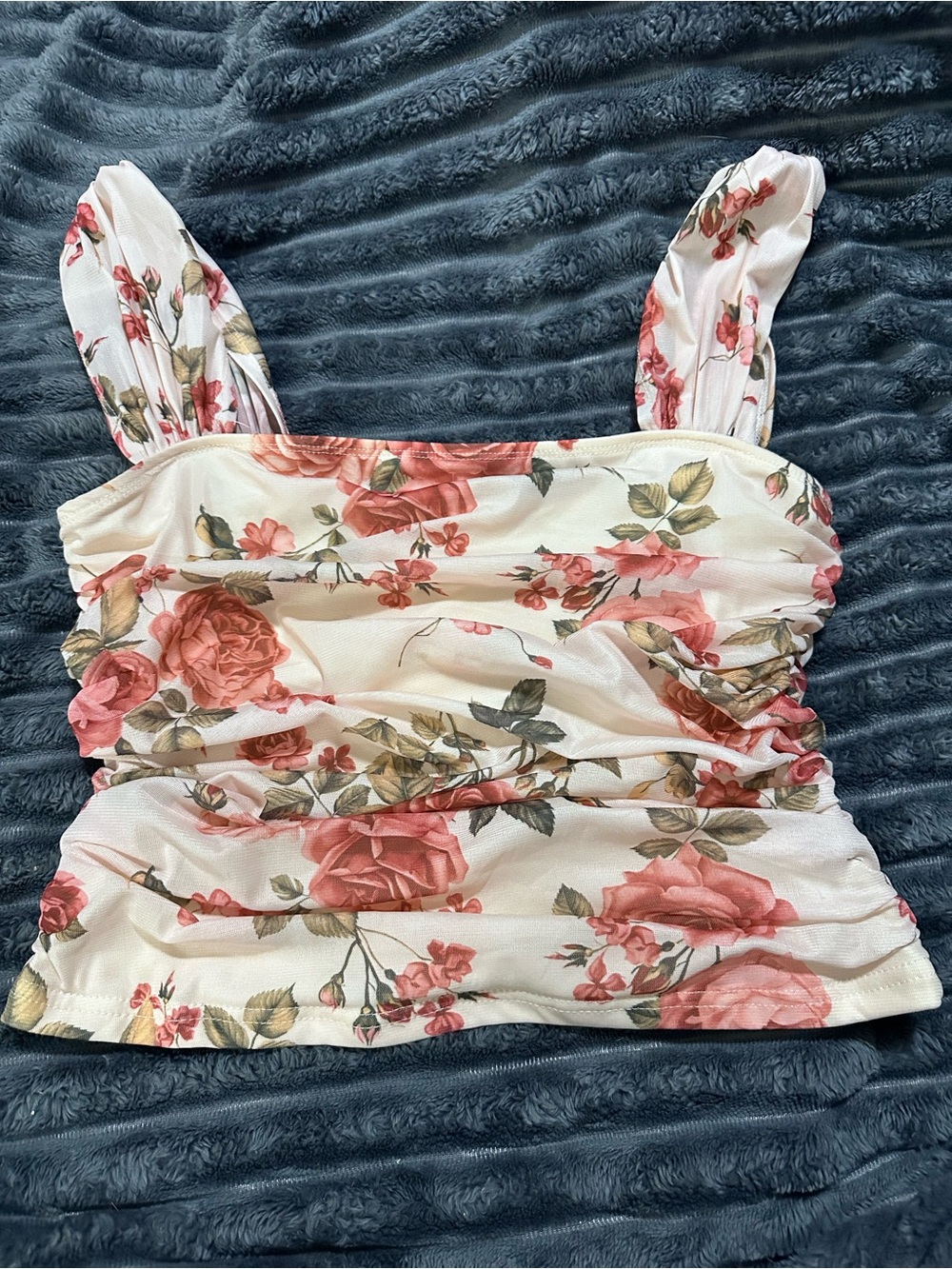 Floral Ruched Square Neck Tank - Cream with Pink Rose Print